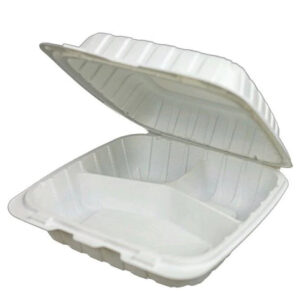 Microwavable White Plastic Hinged Lid 3 Comp CX 8003 - 8X8 - 150/CS